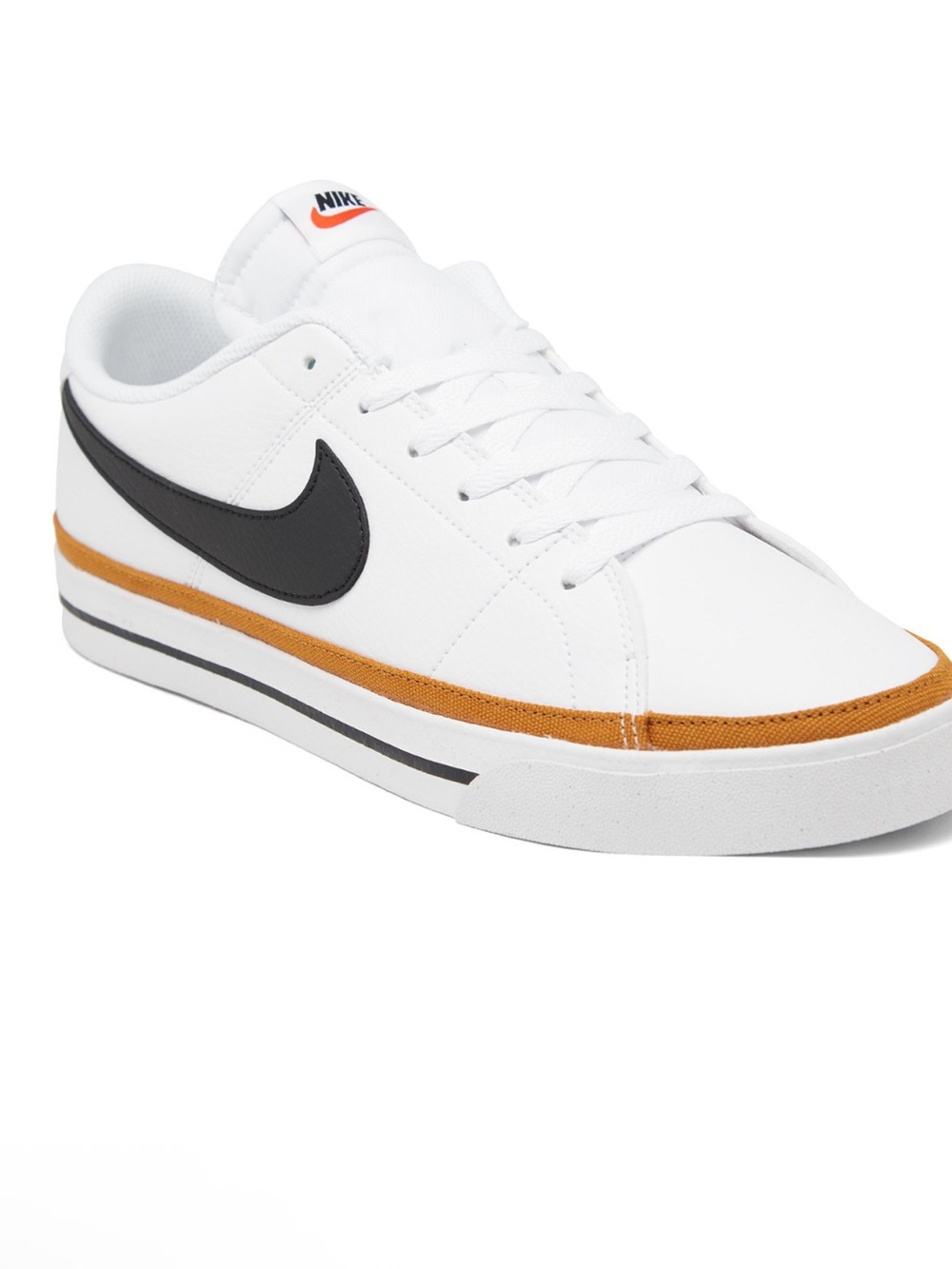 Nike White Low-Top Sneaker with Black Swoosh and Gold Accent